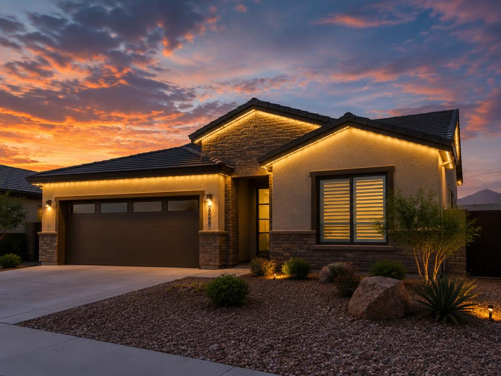 Warm white permanent roofline lighting on an Arizona home at sunset