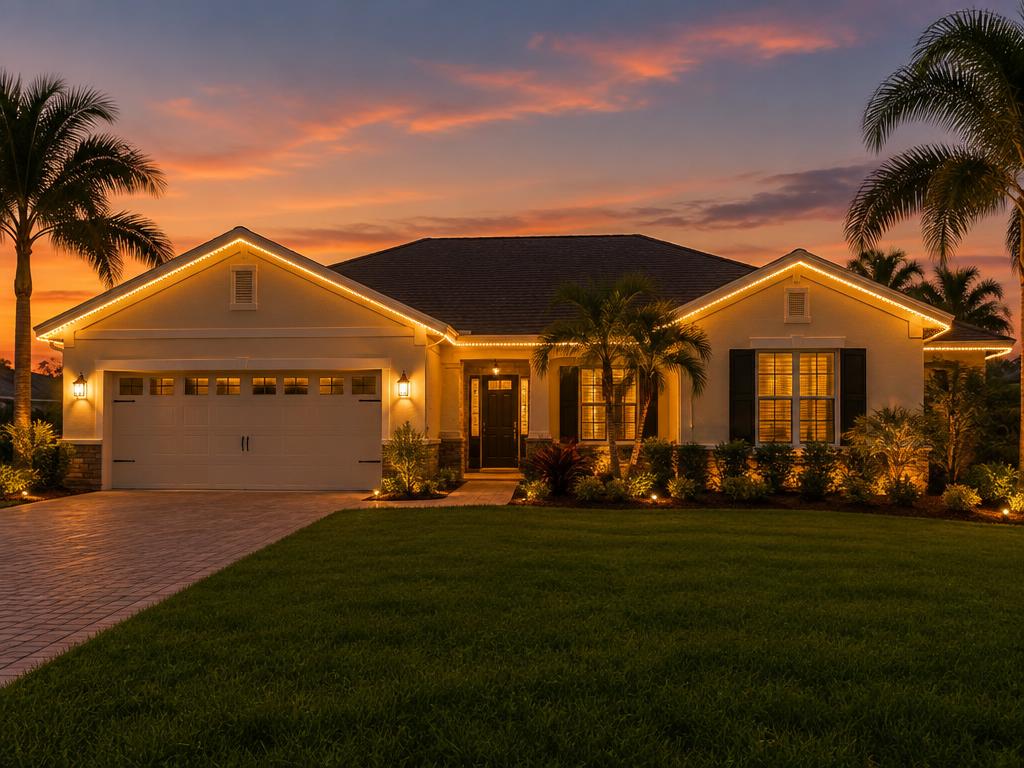 Golden permanent eave lighting on a ranch home at twilight