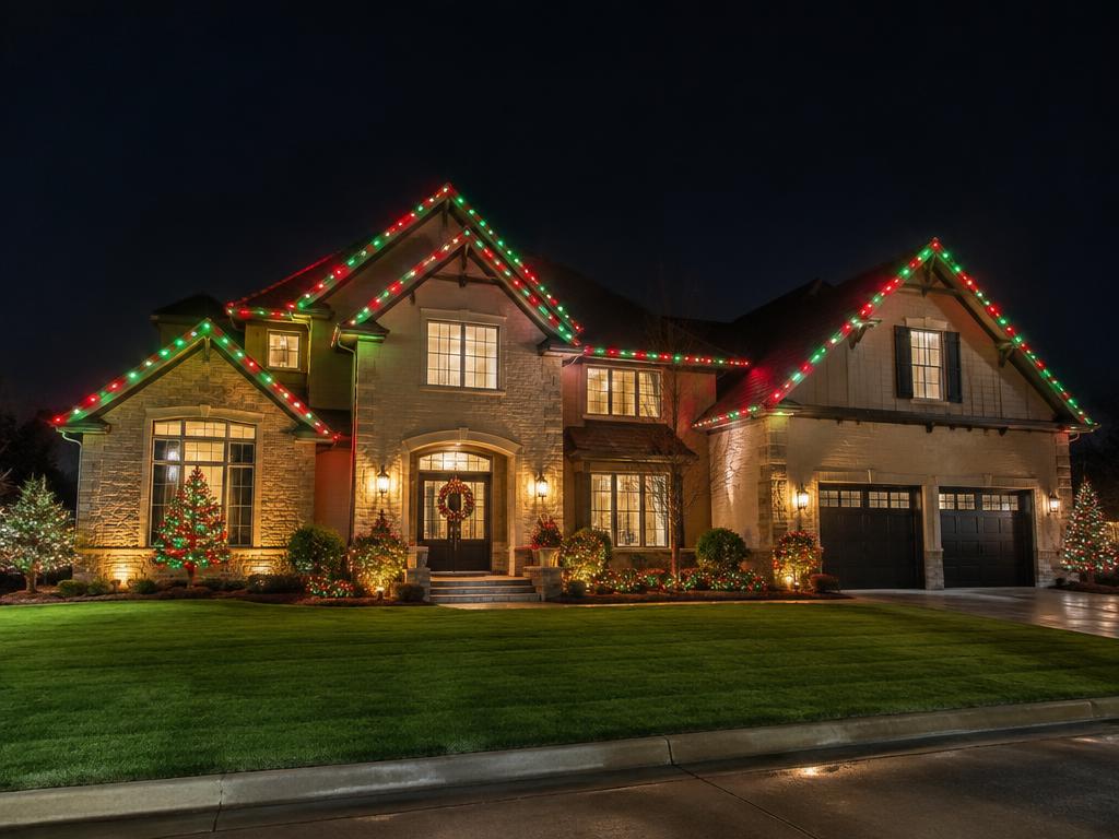 Red and green holiday permanent lighting on a large home