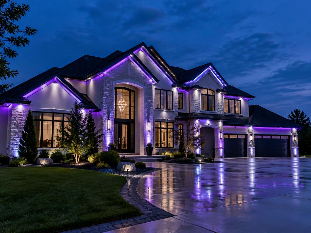 Purple and white permanent accent lighting on a custom home